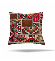 Çiçek Mozaik Kilim Etnik Desen Gizli Fermuarlı Yastık Kılıfı Kırlent Kılıfı Koltuk Yastık Kılıfı  (KAHVE-KIRMIZI)