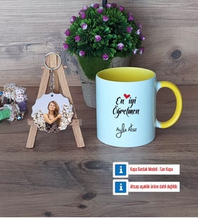 En İyi Öğretmen Kupa Bardak Beyaz ve Fotoğraflı Ahşap Anahtarlık Hediye (Model 7)