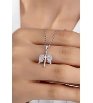 Kadın Orijinal 925 Ayar Gümüş Zirkon Taşlı Melek Kanat Kılıç Model Kolye (Gümüş)