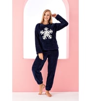 Nisanca Desenli Tam Peluş Kışlık Yılbaşı Kadın Pijama Takımı (Lacivert)