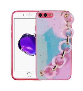Uyumlu Model Apple iPhone 8 Plus Kılıf Simli Desenli El Askılı Kapak (Koyu Pembe)