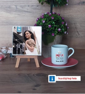 Drama Öğretmeni Fotoğraflı Dekoratif Taş, Ahşap Altlıklı Türk Kahvesi Fincanı Hediye Öğretmenler Günü Hediyesi (Model 6)