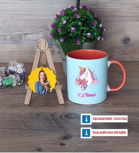 Unicorn Kupa Bardak Beyaz ve Fotoğraflı Ahşap Anahtarlık Hediye (Model 13)