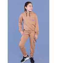 Toontoy Kız Çocuk Baskılı Balıkçı Yaka Eşofman Takımı (Kahverengi)