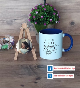 Doğum Günü Hediyesi Kupa Bardak Beyaz ve Fotoğraflı Ahşap Anahtarlık Hediye (Model 3)