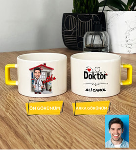 Kişiye Özel Karikatürlü Doktor Hediye Lüks Fincan Doktora Tıp Bayramı Hediyesi (Sarı)