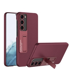 Samsung Galaxy S23 Plus Uyumlu Kılıf Karbon Fiber ve Suni Deri Görünümlü Standlı Kapak Siyah Karbon (Koyu Mor)