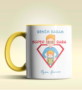 Kişiye Özel Benim Babam Süper Baba Tasarımlı Siyah Kupa Bardak (Sarı)
