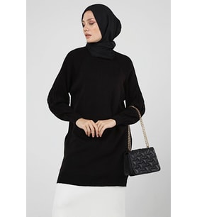 Kadın Kolu Saç Örgü Kışlık Uzun Triko Tesettür Tunik 4303 (Siyah)