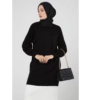 Kadın Kolu Saç Örgü Kışlık Uzun Triko Tesettür Tunik 4303 (Siyah)