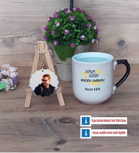Doğum Günü Hediyesi Kupa Bardak Beyaz ve Fotoğraflı Ahşap Anahtarlık Hediye (Model 10)
