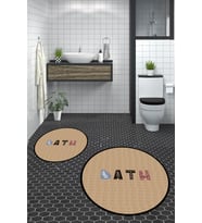 EVDEYA Dijital Yıkanabilir Renkli Bath Yazılı İkili Yuvarlak Banyo Paspası Klozet Takımı, YKLOZET-8-BEYAZ, (Kahverengi)