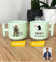 Kişiye Özel Karikatürlü Asker Pastel T Kupa Askere Hediye Asker Sevgiliye Hediye (Yeşil)
