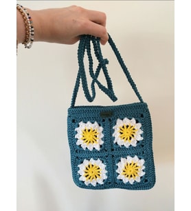 Çiçekli Çapraz Vücut Askılı Günlük Çantalar, Papatyalı El Örgüsü Astarlı Çanta, Kemzey Handmade Tığ İşi Çantalar (Petrol)