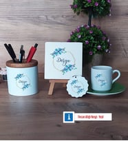 İsme Özel Doğum Günü Hediyesi Hediye Seti Dekoratif Taş, Kalemlik, Ahşap Altlıklı Türk Kahvesi Fincanı, Ahşap Anahtarlık Hediye (Model 9)