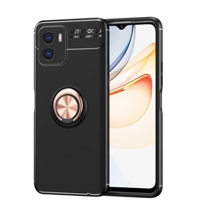 Vivo Y15S Kılıf Zore Ravel Yüzüklü Silikon Kılıf (Siyah-Rose Gold)