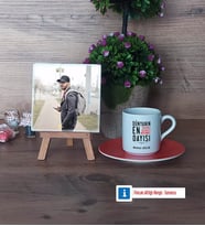 Dayıya Hediye Fotoğraflı Dekoratif Taş, Ahşap Altlıklı Türk Kahvesi Fincanı Hediye (Model 8)