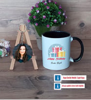 Doğum Günü Hediyesi Kupa Bardak Beyaz ve Fotoğraflı Ahşap Anahtarlık Hediye (Model 11)
