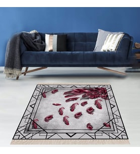 Kuş Tüyü Desenli Çerçeveli Dijital Baskı Yıkanabilir Kaymaz Taban Salon Halısı ve Yolluk (Bordo) (Bordo)