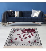 Kuş Tüyü Desenli Çerçeveli Dijital Baskı Yıkanabilir Kaymaz Taban Salon Halısı ve Yolluk (Bordo) (Bordo)