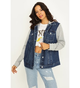 Kadın Kapüşonlu Kolları Penye Oversize Denim Ceket (Mavi)