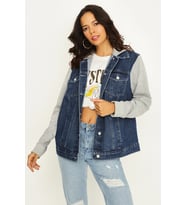 Kadın Kapüşonlu Kolları Penye Oversize Denim Ceket (Mavi)