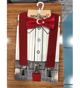 Çocuk Pantolon Askı Papyon Takımı (Kırmızı-Beyaz)