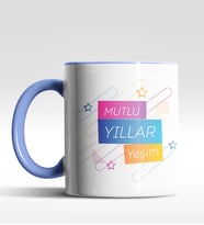 Kişiye Özel Mutlu Yıllar Yıldızlı Tasarımlı Siyah Kupa (Mavi)