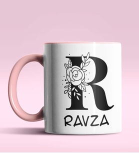 Kişiye Özel R Harfi Romantik Tasarım Siyah Renk Kupa (Pembe)