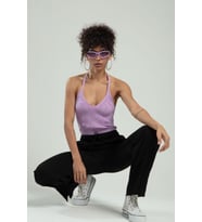 sifu tekstil Kadın  Boyundan Bağlamalı Fitilli Spor Triko Büstiyer Atlet Crop Top SFYZ1009 (Lila)