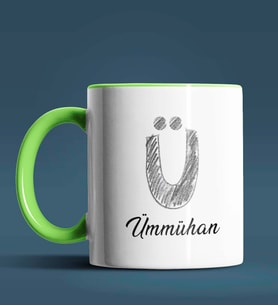 Kişiye Özel Ü Harfi Temalı Kara Kalem Tasarım Siyah Renk Kupa (Yeşil)