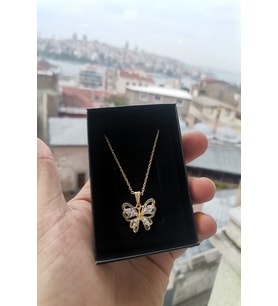 Altın Kaplama Zirkon Taşlı Kelebek Kolye (Beyaz)