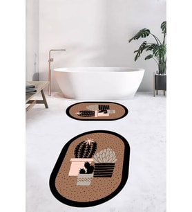 EVDEYA Dijital Yıkanabilir Kaktüs Çiçek Desen İkili Oval Banyo Halısı Klozet Takımı, OKLOZET-22-BEYAZ, (Kahverengi)