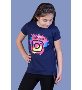 Toontoy Kız Çocuk Renkli Instagram Baskılı Tişört (Lacivert)