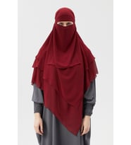 Hazır Pratik Şifon Üç Katlı Peçeli Üçgen Hac Umre Şalı Sufle Hijab Nikap (Bordo)