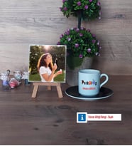 Psikolog Fotoğraflı Dekoratif Taş, Ahşap Altlıklı Türk Kahvesi Fincanı Hediye (Model 7)