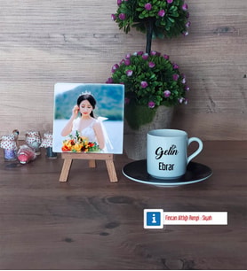 Gelin Fotoğraflı Dekoratif Taş, Ahşap Altlıklı Türk Kahvesi Fincanı Hediye (Model 7)