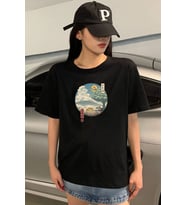 Unisex Neighbor's Ukiyo e Baskılı T-shirt (Siyah)