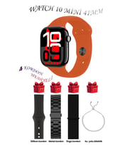 Samsung Galaxy M30 Uyumlu Açık Mavi Akıllı Saat Watch 10 Mini Kordon Hediyeli AMOLED EKRAN 41MM (Siyah - Turuncu)