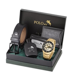 Polo Air Erkek Set Kombin Kemer Cüzdan Kartlık Parfüm Kol Saati Hediyelik Kutusunda Set PL-0961E (Siyah-Gold)