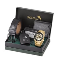 Polo Air Erkek Set Kombin Kemer Cüzdan Kartlık Parfüm Kol Saati Hediyelik Kutusunda Set PL-0961E (Siyah-Gold)