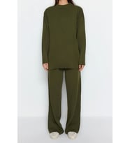 Moda Yüksek Bel Dik Yaka Düşük Kol Günlük Siyah Geniş Kalıp Basic Pantalonlu Triko Alt-Üst Takım (Çok Renkli)