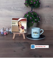 Happy Birthday Fotoğraflı Dekoratif Taş, Ahşap Altlıklı Türk Kahvesi Fincanı Hediye (Model 7)