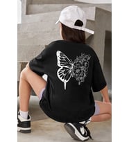 Çocuk Flower Butterfly Baskılı Pamuklu Tshirt (Siyah)
