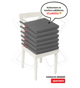 XPERMATE Fermuarlı 6'lı Sandalye Minderi Su İtici Kumaş 40x40 cm Sünger Sandalye Minderi Bağcıklı Antrasit (Antrasit)