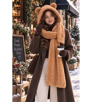 Kapşonlu Welsoft Peluş Bere - Atkılı - Polar Boyunluk Şalı Sıcaklık ve Şıklığın Buluşması (Kahverengi)