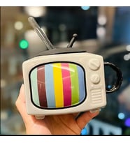 450ml Yaratıcı Seramik Kupa Su Bardağı Ev Kapaklı Kupalar Saman Nostaljik Komik TV Kahve Süt Bardak (Gri)