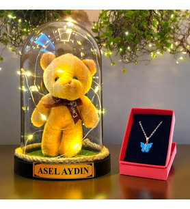 Kişiye Özel Peluş Ayıcıklı Büyük Boy Fanus, Led Işıklı ve Kelebek Kolyeli Hediye Seti HA2 (Krem)