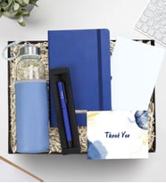 Kişiye Özel Defter & Deri Kılıflı 500 Ml Su Matarası & Mat Roller Kalem & Dikişli Mini Not Defteri Hediye Seti (Mavi)