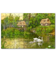 Cakapuzzle Göl Manzara Kulübeler Kuğu Çifti Yavrular Puzzle Yapboz MDF (Ahşap) (255 Parça)